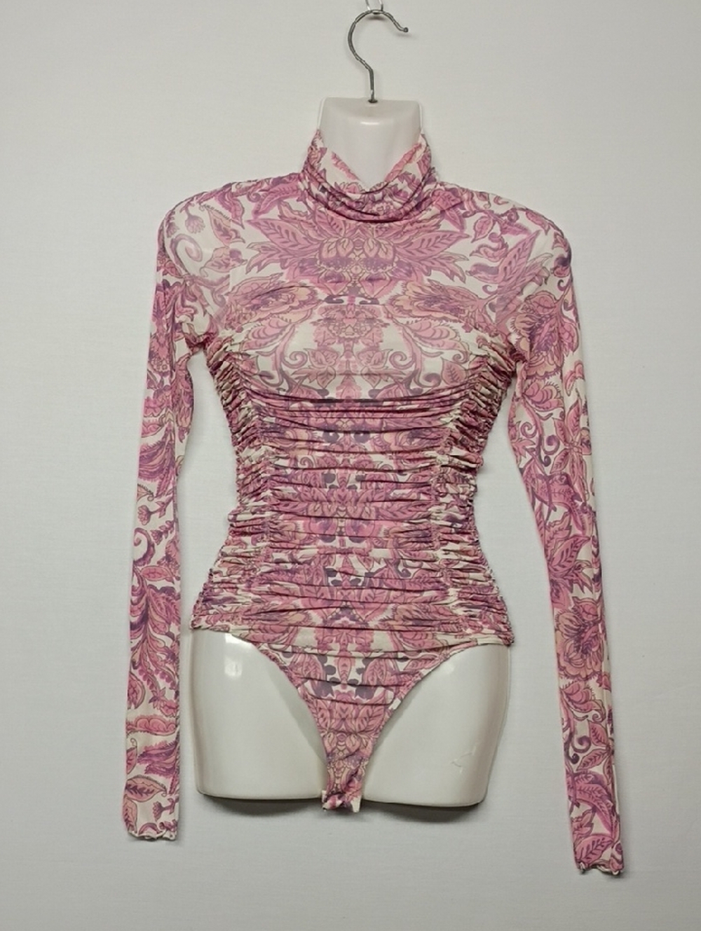 Free People Pink Paisley Ruched SHEER Turtleneck Bodysuit - Picture 2 of 11